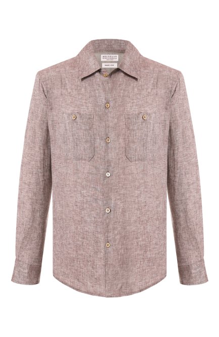 Мужская льняная рубашка BRUNELLO CUCINELLI коричневого цвета, арт. MM6840658 | Фото 1 (Рукава: Длинные; Материал сплава: Проставлено; Драгоценные камни: Проставлено; Материал внешний: Лен; Длина (для топов): Стандартные)