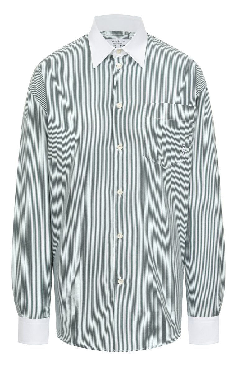 Женская хлопковая рубашка SPORTY AND RICH зеленого цвета, арт. SI019606302ST71 | Фото 1 (Длина (для топов): Удлиненные; Рукава: Длинные; Автоматизация состава: Проставлено; Материал внешний: Хлопок; Автоматизация ТО: Проставлено; Принт: С принтом, Полоска; Женское Кросс-КТ: Рубашка-одежда; Стили: Классический)