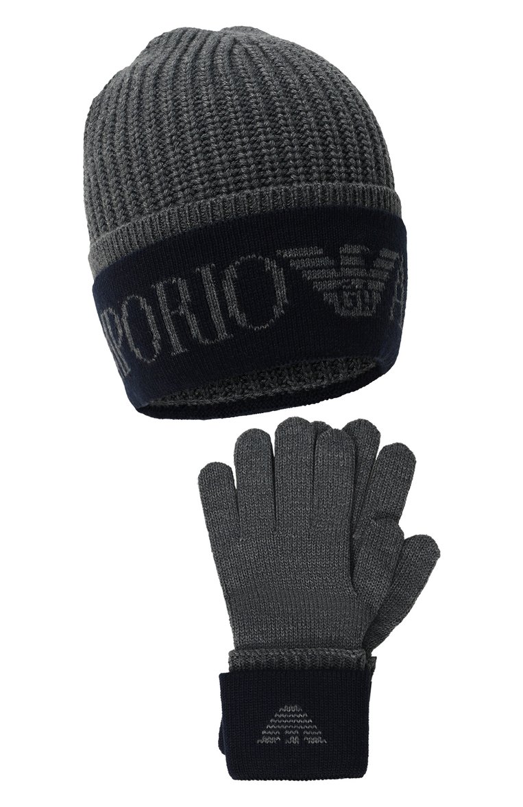 Детский комплект из шапки и перчаток EMPORIO ARMANI серого цвета, арт. 407527/3F489 | Фото 1 (Нос: Не простав�лено; Материал: Шерсть, Синтетический материал, Текстиль; Материал сплава: Проставлено)