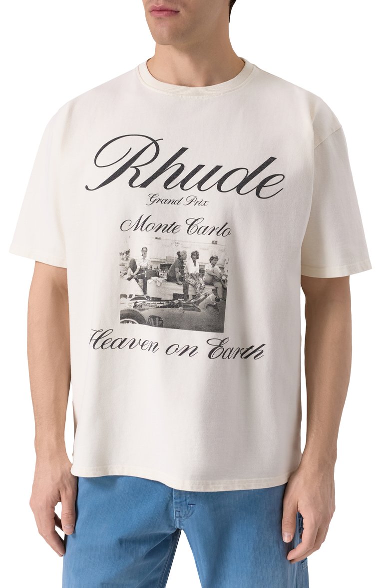 Мужская хлопковая футболка RHUDE кремового цвета, арт. RHSS25TT07012 | Фото 3 (Автоматизация ТО: Проставлено; Рукава: Короткие; Автоматизация состава: Проставлено; Длина (для топов): Стандартные; Материал внешний: Хлопок; Мужское Кросс-КТ: Футболка-одежда; Принт: С принтом; Стили: Спорт-шик; Детали: Без декора)