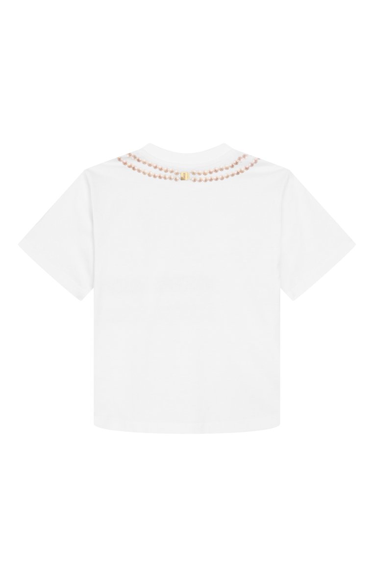 Детская хлопковая футболка MOSCHINO белого цвета, арт. HIM060/LAA02/4-8 | Фото 2 (Материал внешний: Хлопок; Рукава: Короткие; Девочки Кросс-КТ: футболка-одежда; Автоматизация состава: Проставлено; Автоматизация ТО: Проставлено; Ростовка одежда: 4 года | 104 см, 6 лет | 116 см, 8 лет | 128 см, 5 лет | 110 см)