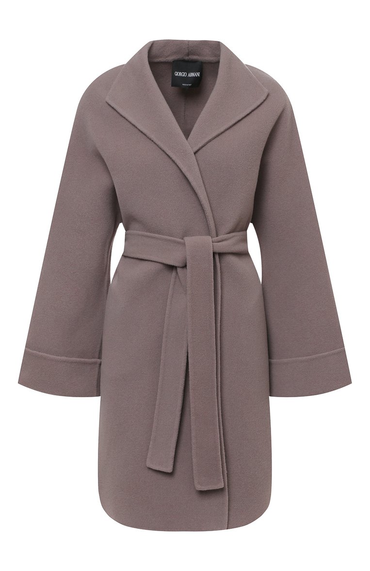 Женское шерстяное пальто с поясом GIORGIO ARMANI серого цвета, арт. 8WH0L002/T008G | Фото 1 (Рукава от горловины: Длинные; Рукава: Длинные; Материал внешний: Шерсть; Статус проверки: Проверено, Проверена категория; Длина (верхняя одежда): До колена; 1-2-бортные: Однобортные)