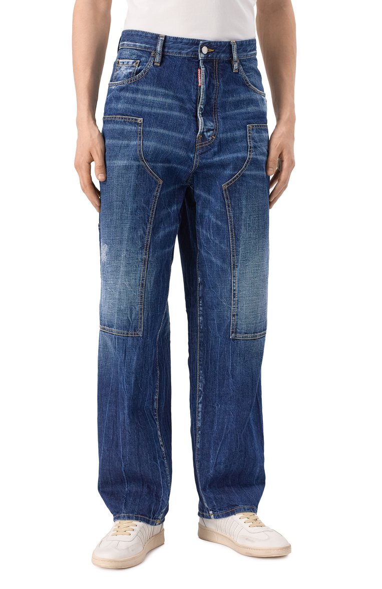 Мужские джинсы carpenter DSQUARED2 синего цвета, арт. S74LB1652/S30309 | Фото 3 (Длина (брюки, джинсы): Стандартные; Детали: Делаве, Потертости; Кросс-КТ: Деним; Стили: Кэжуэл, Streetwear; Материал внешний: Деним, Хлопок; Силуэт М (брюки): Широкие)