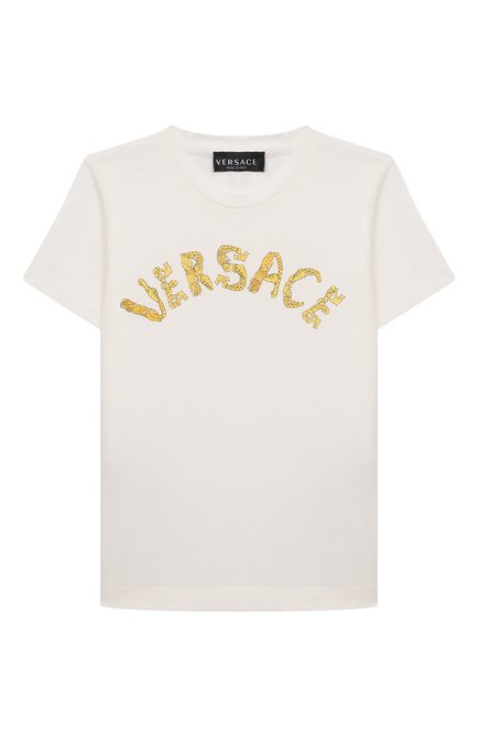 Детская хлопковая футболка VERSACE белого цвета, арт. 1000239/1A08116/8A-14A | Фото 1 (Материал внешний: Хлопок; Драгоценные камни: Проставлено; Материал сплава: Проставлено; Рукава: Короткие)