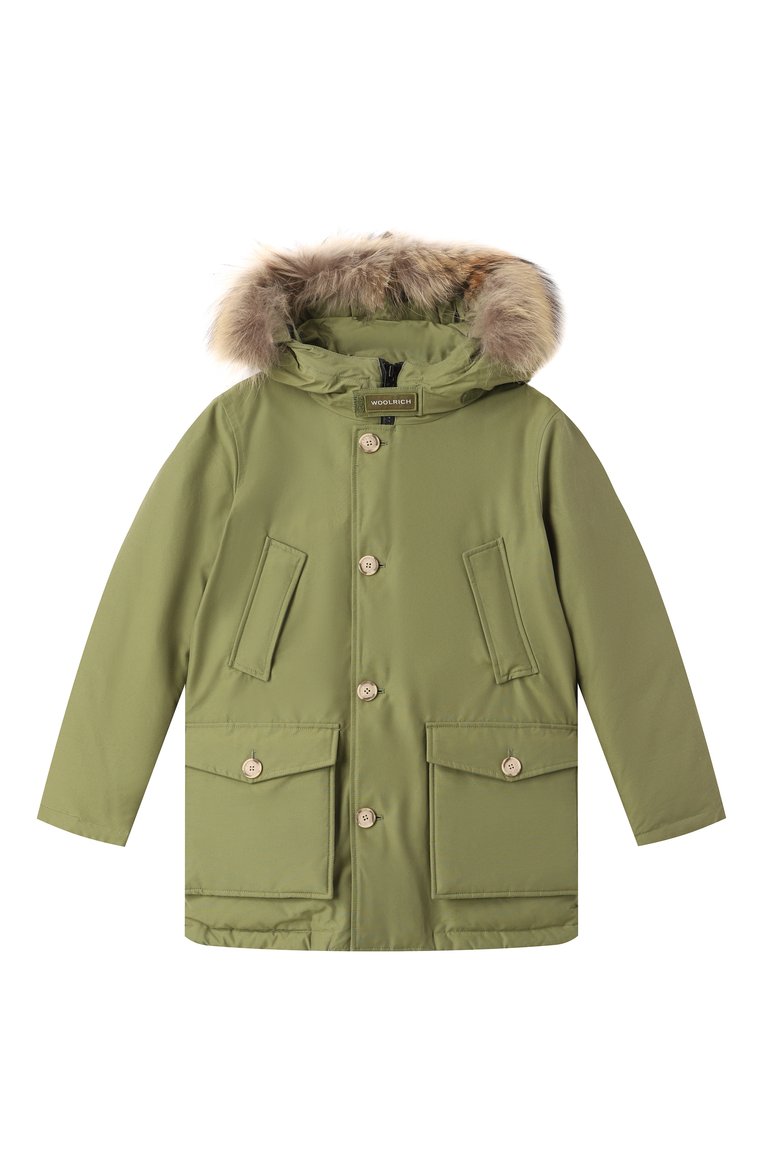 Детского пуховая парка WOOLRICH хаки цвета, арт. CFWKOU0187MRUT0641 | Фото 1 (Драгоценные камни: Проставлено; Материал утеплителя: Пух и перо; Рукава: Длинные; Материал сплава: Проставлено; Кросс-КТ: Зима; Мальчики Кросс-КТ: парка-верхняя одежда; Материал внешний: Хлопок, Синтетический материал; Ростовка одежда: 8 лет | 128 см, 6 лет | 116 см, 10 - 11 лет | 140 - 146см, 12 лет | 152 см, 16 лет | 164 см)