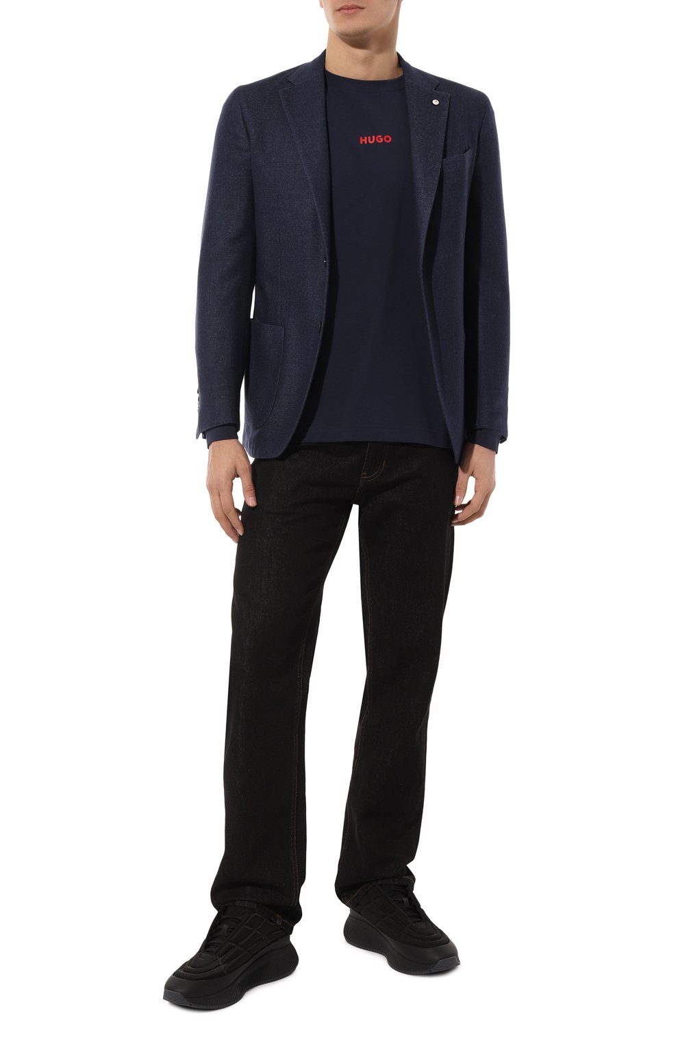 Хлопковый лонгслив HUGO темно-синего цвета по цене 6995 руб., арт. 50502399, фото 2 Хлопковый лонгслив HUGO, арт. 50502399, фото 2