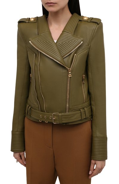 Кожаная куртка BALMAIN хаки цвета по цене 238500 руб., арт. WF0TD000/L183, фото 3 Кожаная куртка BALMAIN, арт. WF0TD000/L183, фото 3