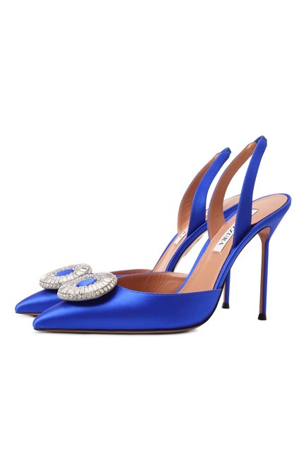 Женские текстильные туфли crystal hoop 105 AQUAZZURA синего цвета, арт. CYPHIGL0/SAT | Фото 1 (Драгоценные камни: Проставлено; Каблук высота: Высокий; Подошва: Плоская; Материал внешний: Текстиль; Материал сплава: Проставлено; Материал внутренний: Натуральная кожа)