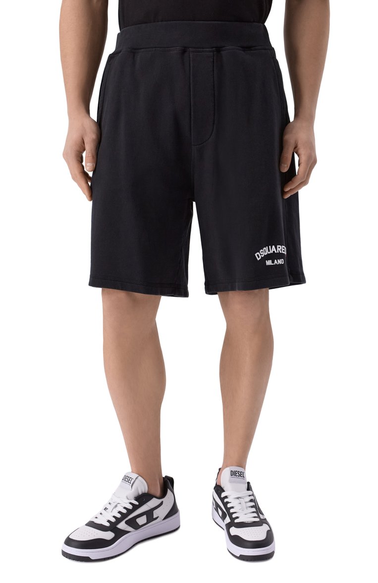 Мужские хлопковые шорты DSQUARED2 черного цвета, арт. S74MU0894/S25539 | Фото 3 (Длина Шорты М: До колена; Материал внешний: Хлопок; Принт: Без принта; Случай: Повседневный; Стили: Кэжуэл)