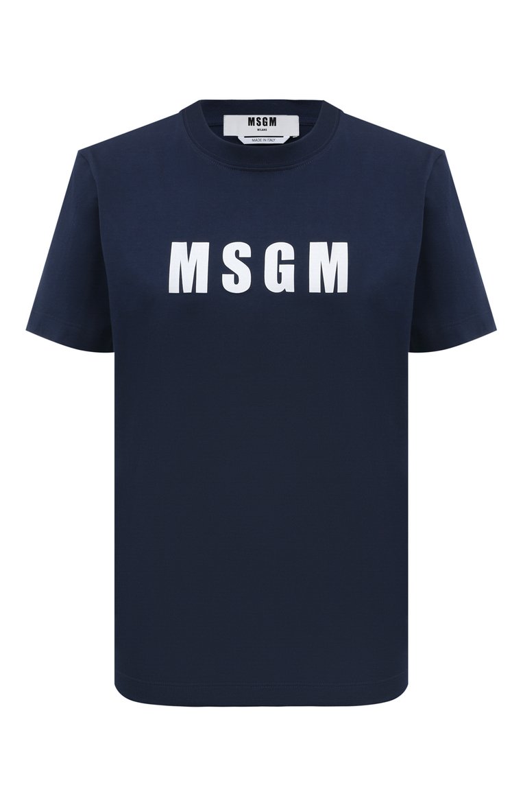 Женская хлопковая футболка MSGM темно-синего цвета, арт. 3641MDM92/247002 | Фото 1 (Драгоценные камни: Проставлено; Материал внешний: Хлопок; Материал сплава: Проставлено; Рукава: Короткие; Длина (для топов): Стандартные; Стили: Кэжуэл; Женское Кросс-КТ: Футболка-одежда; Принт: С принтом)