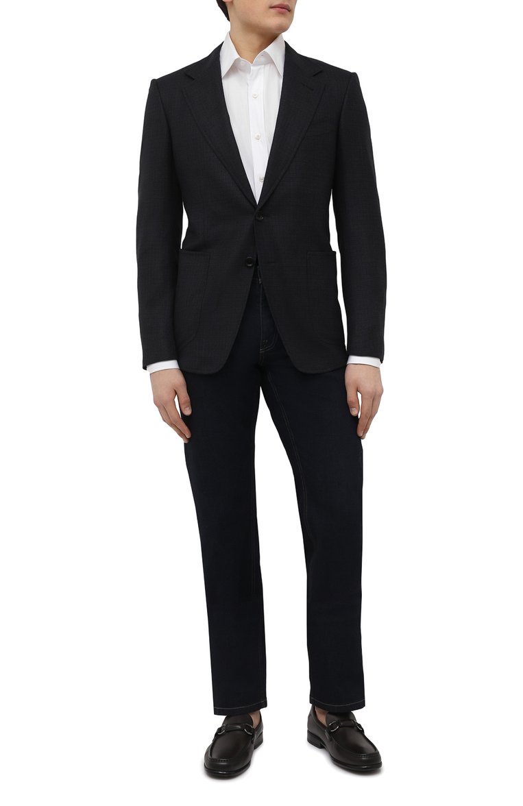 Мужской шерстяной пиджак TOM FORD темно-синего цвета, арт. 322R61/10SP40 | Фото 2 (Материал подклада: Шелк, Купро; Длина (для топов): Стандартные; Материал внешний: Шерсть; Рукава: Длинные; Случай: Формальный; Стили: Классический; 1-2-бортные: Однобортные; Пиджаки М: Приталенный; Драгоценные камни: Проставлено; Материал сплава: Проставлено)
