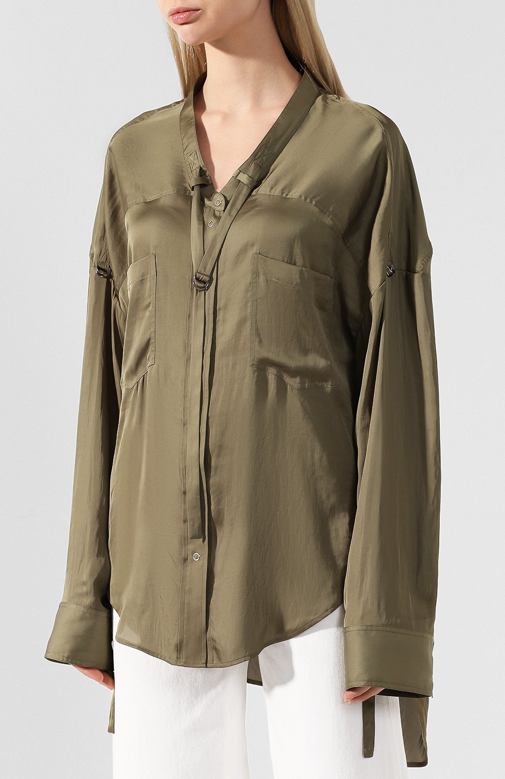 Атласная блузка BARBARA BUI хаки цвета по цене 51100 руб., арт. T7410REK, фото 3 Атласная блузка BARBARA BUI, арт. T7410REK, фото 3