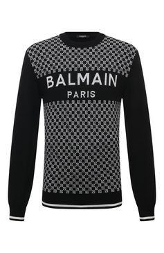 Мужской шерстяной джемпер BALMAIN черно-белого цвета, арт. CH1KD000/KF99 | Фото 1 (Мужское Кросс-КТ: Джемперы; Материал внешний: Шерсть; Рукава: Длинные; Длина (для топов): Стандартные; Принт: С принтом; Материал сплава: Проставлено; Драгоценные камни: Проставлено; Вырез: Круглый; Стили: Минимализм)