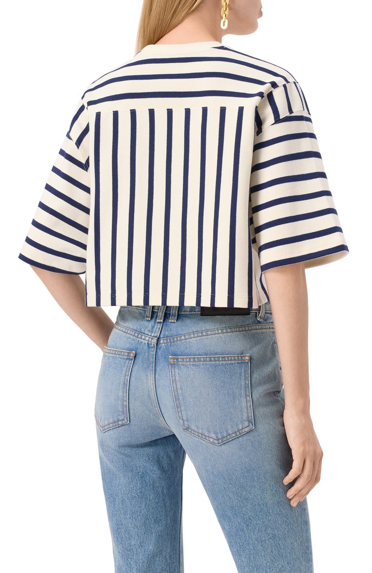 Женская хлопковая футболка BALMAIN кремового цвета, арт. EF1EE080/BC95 | Фото 4 (Длина (для топов): Укороченные; Стили: Кэжуэл; Принт: С принтом; Рукава: Короткие; Материал внешний: Хлопок; Автоматизация состава: Проставлено; Автоматизация ТО: Проставлено)
