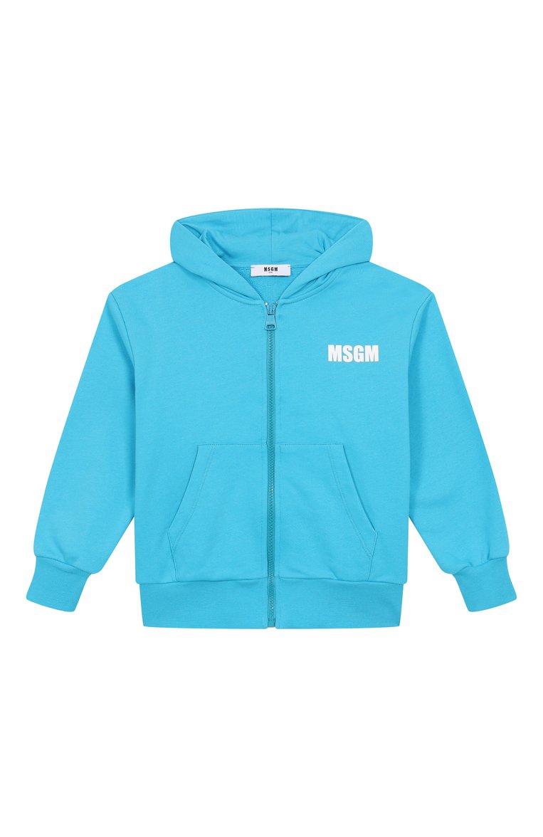 Детский хлопковая толстовка MSGM KIDS бирюзового цвета, арт. S5MSJUZH058 | Фото 1 (Материал внешний: Хлопок; Рукава: Длинные; Мальчики Кросс-КТ: Толстовка-одежда, Толстовка-спорт; Ростовка одежда: 8 лет | 128 см, 16 лет | 164 см, 12 лет | 152 см, 6 лет | 116 см, 10 - 11 лет | 140 - 146см)