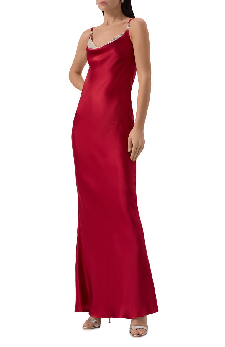 Женское атласное платье VERSACE красного цвета, арт. 1018072/1A12742 | Фото 3 (Драгоценные камни: Проставлено; Длина Ж (юбки, платья, шорты): Макси; Материал внешний: Шелк; Материал сплава: Проставлено; Женское Кросс-КТ: Платье-одежда; Случай: Вечерний; Рукава: На бретелях)