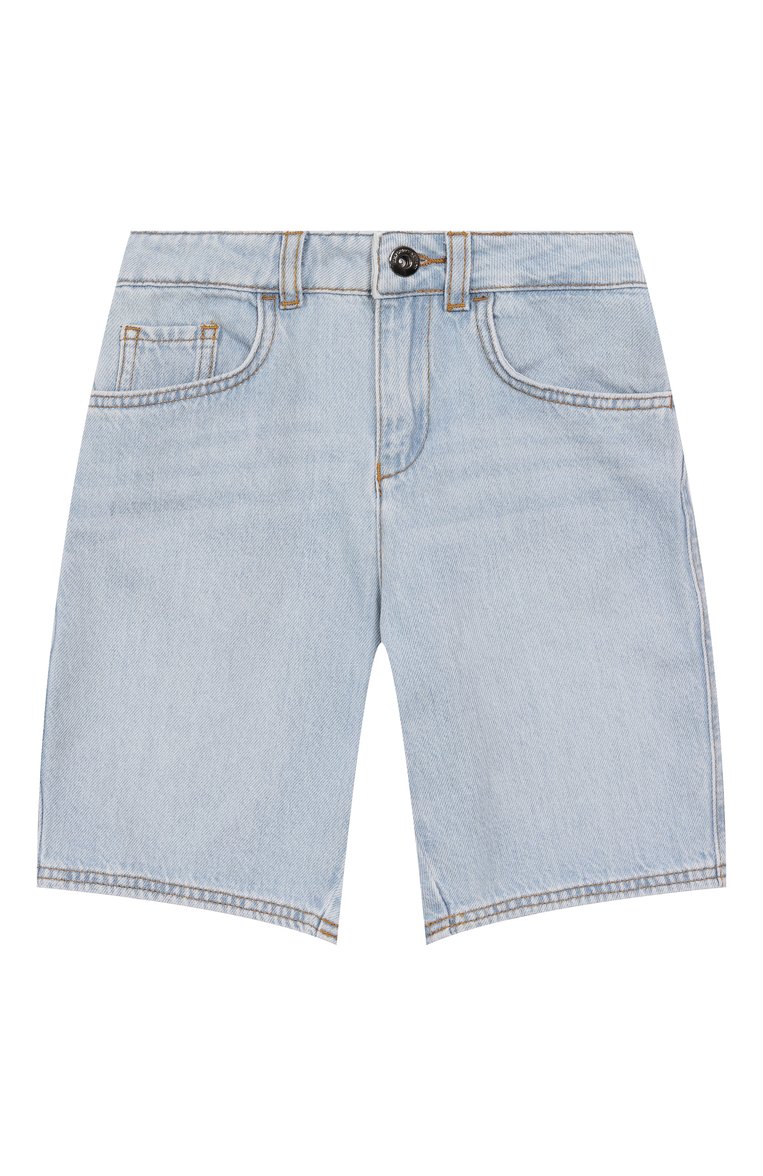 Детские джинсовые шорты EMPORIO ARMANI голубого цвета, арт. EB000257/AF13617 | Фото 1 (Материал внешний: Хлопок, Деним; Нос: Не проставлено; Кросс-КТ: Деним; Автоматизация состава: Проставлено; Ростовка одежда: 4 года | 104 см, 6 лет | 116 см, 5 лет | 110 см, 7 лет | 122 см, 8 лет | 128 см, 10 - 11 лет | 140 - 146см, 13 - 15 лет | 158 см, 16 лет | 164 см)