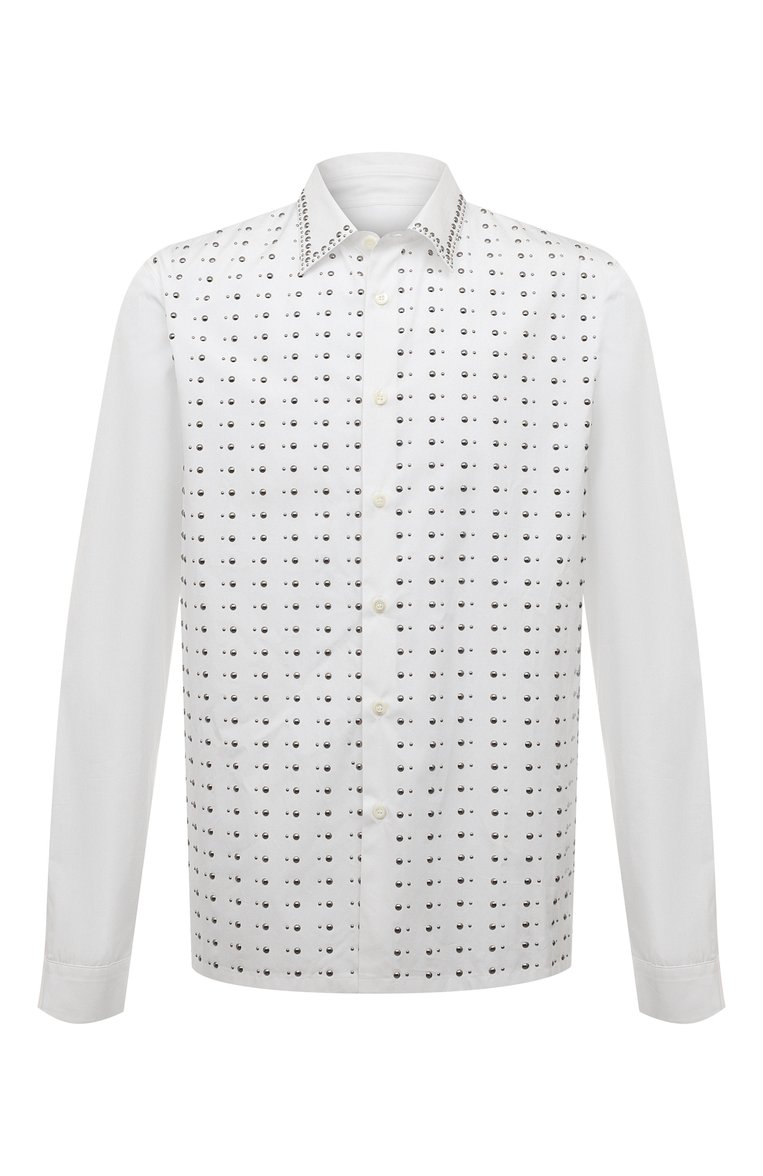 Мужская хлопковая рубашка PRADA белого цвета, арт. UCN414-1LZC-F0009-221 | Фото 1 (Рубашки М: Classic Fit; Длина (для топов): Стандартные; Случай: Повседневный; Рукава: Длинные; Манжеты: На пуговицах; Стили: Кэжуэл; Материал внешний: Хлопок; Принт: Однотонные; Воротник: Кент; Детали: Без декора; Автоматизация состава: Проставлено; Автоматизация ТО: Проставлено)