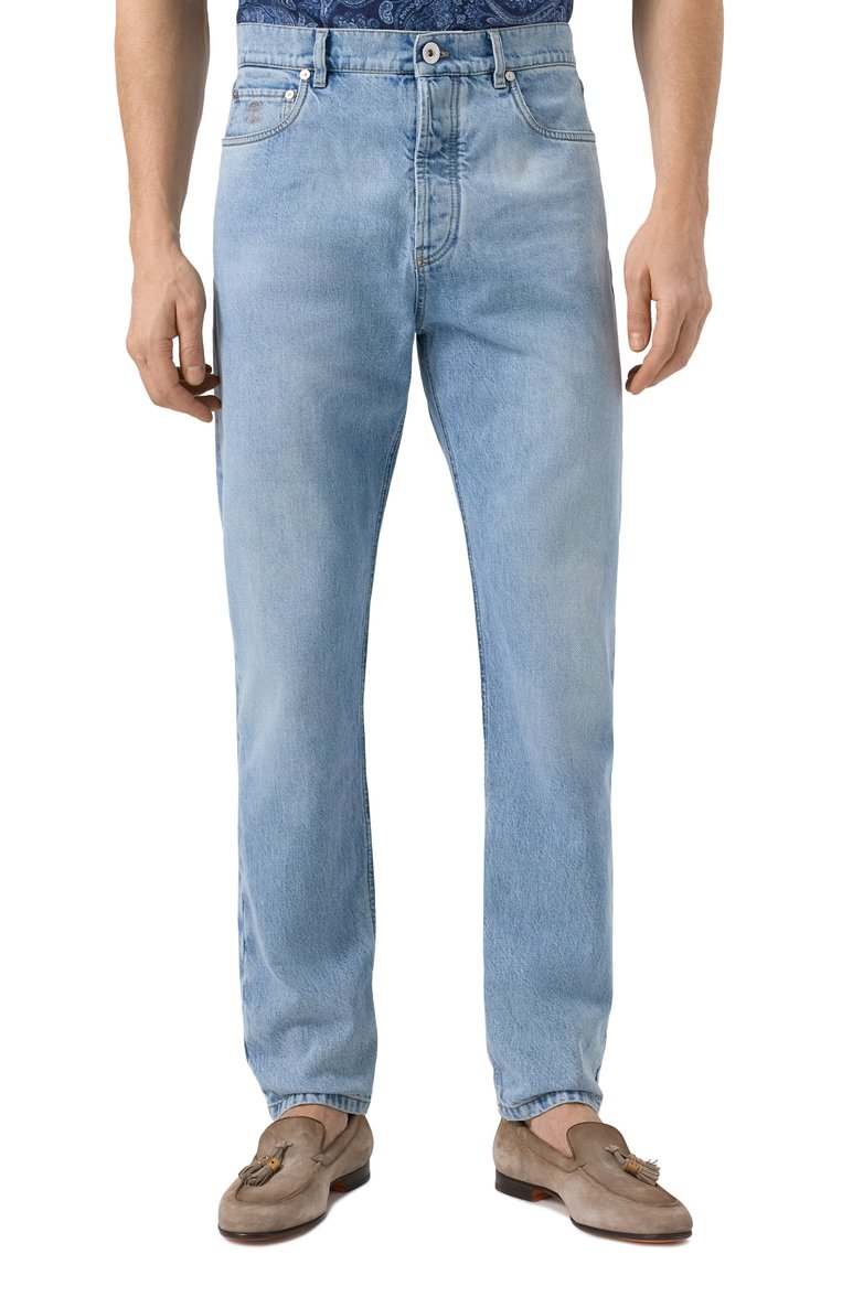 Мужские джинсы iconic fit BRUNELLO CUCINELLI голубого цвета, арт. M241PB2346 | Фото 3 (Длина (брюки, джинсы): Стандартные; Материал внешний: Хлопок, Деним; Кросс-КТ: Деним; Детали: Делаве; Стили: Повседневный; Автоматизация состава: Проставлено; Автоматизация ТО: Проставлено; Силуэт М (брюки): Прямые)