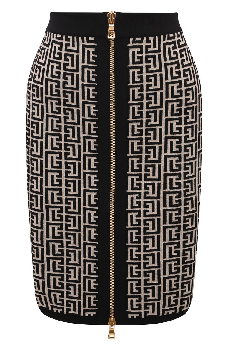 Женская юбка из шерсти и вискозы BALMAIN черного цвета, арт. YF1LC006KB02 | Фото 1 (Материал внешний: Шерсть; Кросс-КТ: Трикотаж; Стили: Кэжуэл; Длина Ж (юбки, платья, шорты): До колена; Автоматизация ТО: Проставлено; Автоматизация состава: Проставлено)