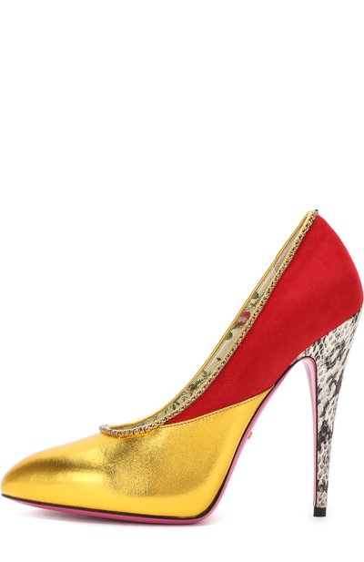 Комбинированные туфли с кристаллами на шпильке GUCCI, арт. 489345/0B720, фото 3
