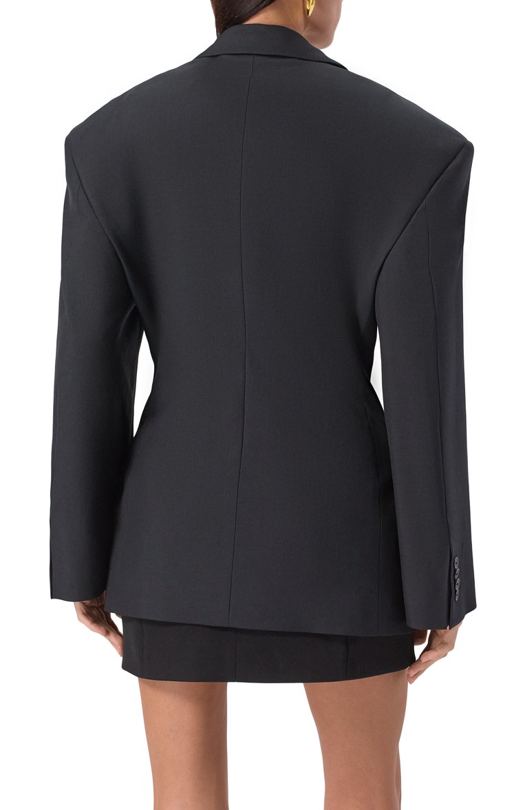 Женский жакет BALENCIAGA черного цвета, арт. 814409/TKT28 | Фото 4 (Рукава: Длинные; Стили: Гранж; Материал внешний: Шерсть, Синтетический материал; 1-2-бортные: Однобортные; Длина (для топов): Удлиненные; Женское Кросс-КТ: Жакет-одежда)