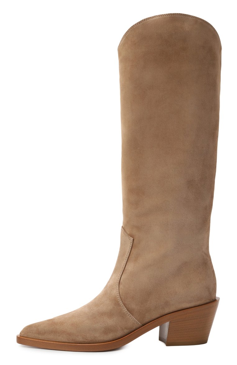 Женские замшевые казаки waylon 45 GIANVITO ROSSI темно-бежевого цвета, арт. G80194.45CU0.C45CAML | Фото 4 (Материал внешний: Натуральная кожа, Замша; Каблук высота: Средний; Подошва: Плоская; Автоматизация состава: Проставлено; Автоматизация ТО: Проставлено; Высота голенища: Средние; Материал внутренний: Натуральная кожа; Материал утеплителя: Без утеплителя; Женское Кросс-КТ: Казаки-сапоги; Каблук тип: Устойчивый)