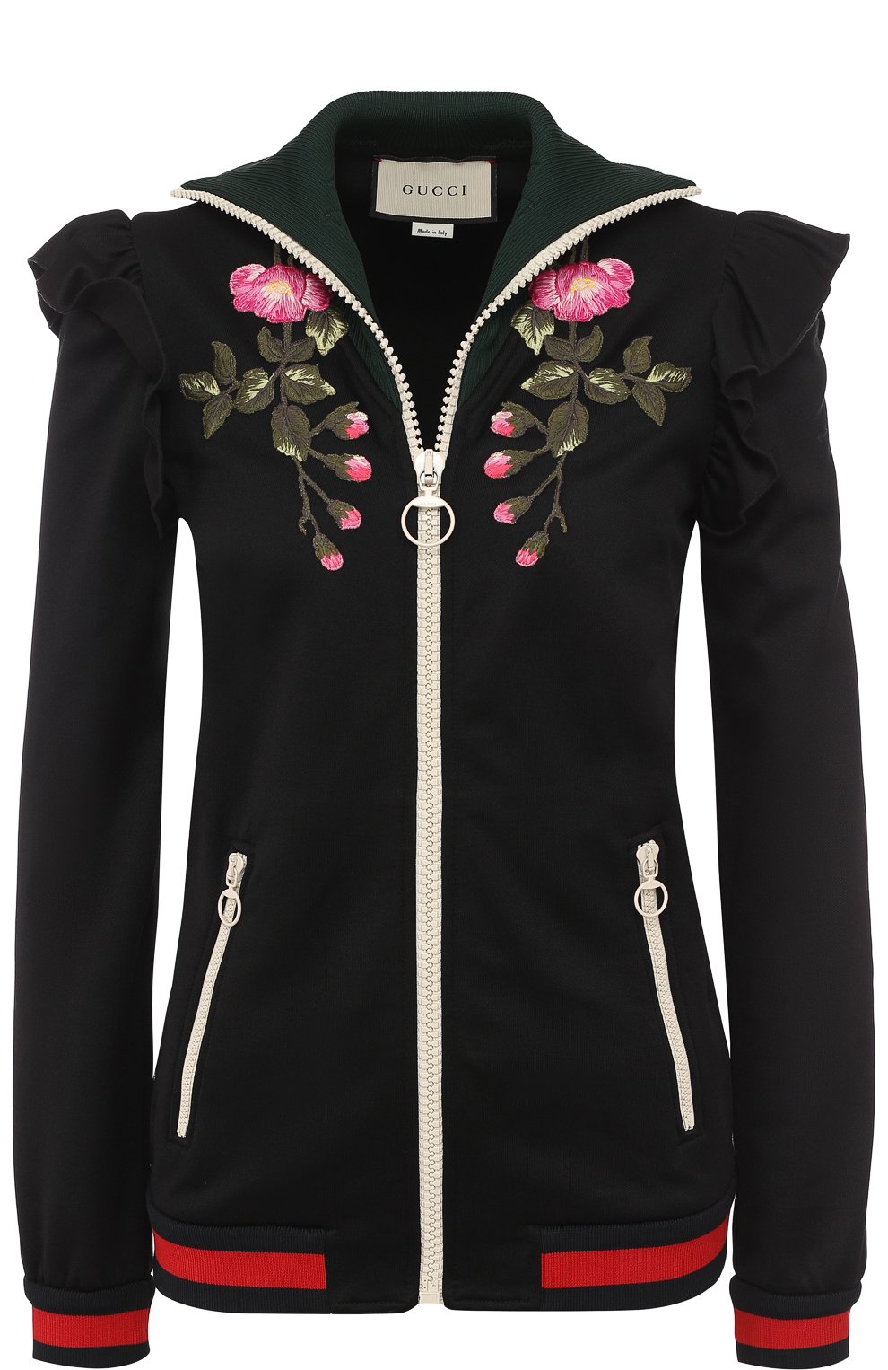 Кардиган на молнии с контрастной цветочной вышивкой GUCCI черного цвета по цене 107000 руб., арт. 479536/X9C11, фото 1 Кардиган на молнии с контрастной цветочной вышивкой GUCCI, арт. 479536/X9C11, фото 1