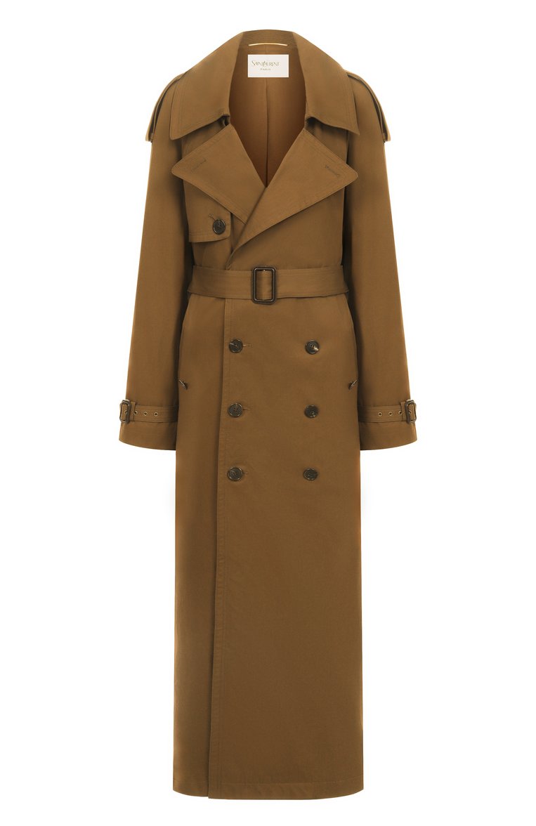 Женский хлопковый тренч SAINT LAURENT коричневого цвета, арт. 812414/Y3A99 | Фото 1 (Автоматизация ТО: Проставлено; Материал подклада: Шелк; Рукава: Длинные; Автоматизация состава: Проставлено; Материал внешний: Хлопок; Длина (верхняя одежда): Длинные; Кросс-КТ: Куртка; Стили: Кэжуэл)