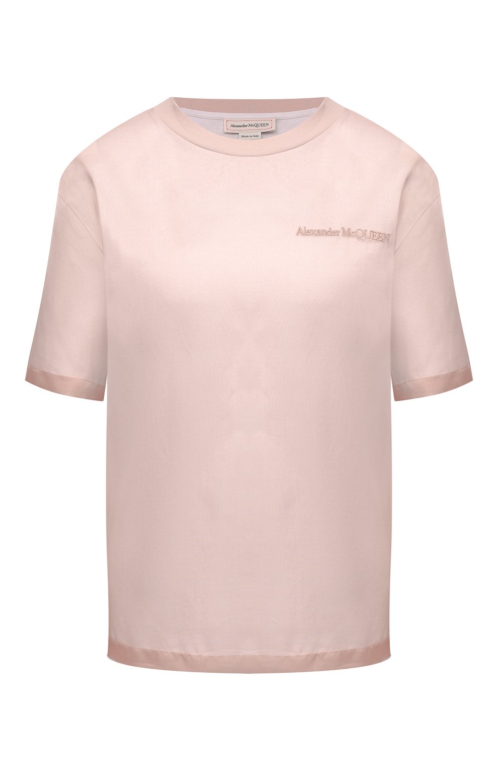 Шелковая футболка ALEXANDER MCQUEEN светло-розового цвета по цене 46850 руб., арт. 654002/QLAAA, фото 1 Шелковая футболка ALEXANDER MCQUEEN, арт. 654002/QLAAA, фото 1