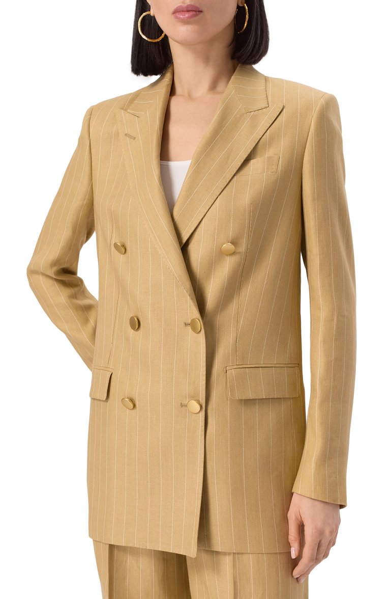 Женский льняной жакет TAGLIATORE 0205 бежевого цвета, арт. J-JASMINE10B/340252 | Фото 3 (Рукава: Длинные; Материал внешний: Лен; Длина (для топов): Удлиненные; Стили: Кэжуэл; Кросс-КТ: костюм; 1-2-бортные: Двубортные; Женское Кросс-КТ: Жакет-одежда)