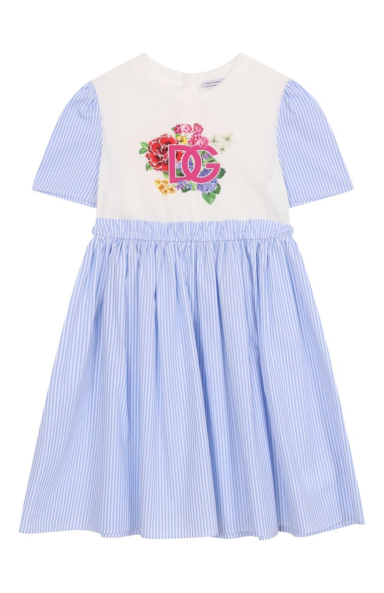 Детское хлопковое платье DOLCE & GABBANA голубого цвета, арт. L5JD9W/G707X/8-14 | Фото 1 (Материал внешний: Хлопок; Рукава: Короткие; Девочки Кросс-КТ: Платье-одежда; Случай: Повседневный; Автоматизация состава: Проставлено; Автоматизация ТО: Проставлено; Ростовка одежда: 10 - 11 лет | 140 - 146см, 2 года | 92 см, 8 лет | 128 см, 13 - 15 лет | 158 см, 5 лет | 110 см)