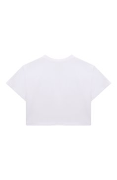 Детская укороченная футболка ERMANNO SCERVINO белого цвета, арт. SFTS019C/JF075 | Фото 2 (Драгоценные камни: Проставлено; Материал внешний: Хлопок; Рукава: Короткие; Материал сплава: Проставлено; Девочки Кросс-КТ: футболка-одежда; Рос�товка одежда: 10 - 11 лет | 140 - 146см, 12 лет | 152 см, 13 - 15 лет | 158 см, 4 года | 104 см, 6 лет | 116 см, 8 лет | 128 см)