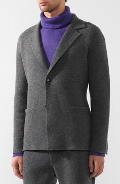 Мужской пиджак из смеси кашемира и шерсти BERLUTI серого цвета, арт. R14KJL20-YACQ | Фото 3 (Материал внешний: Шерсть, Кашемир; Длина (для топов): Стандартные; Статус проверки: Проверено, Проверена категория; Рукава: Длинные; 1-2-бортные: Однобортные; Пиджаки М: Приталенный; Случай: Повседневный; Стили: Кэжуэл; Кросс-КТ: Трикотаж; Драгоценные камни: Проставлено; Материал сплава: Проставлено, Проверено)