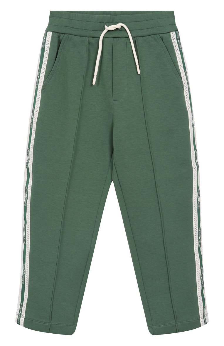 �Детские хлопковые брюки EMPORIO ARMANI зеленого цвета, арт. EB000148/AF10126 | Фото 1 (Нос: Не проставлено; Материал внешний: Хлопок; Мальчики Кросс-КТ: Брюки-спорт; Случай: Повседневный; Автоматизация состава: Проставлено; Ростовка одежда: 4 года | 104 см, 5 лет | 110 см, 7 лет | 122 см, 6 лет | 116 см, 10 - 11 лет | 140 - 146см, 8 лет | 128 см, 16 лет | 164 см, 13 - 15 лет | 158 см)