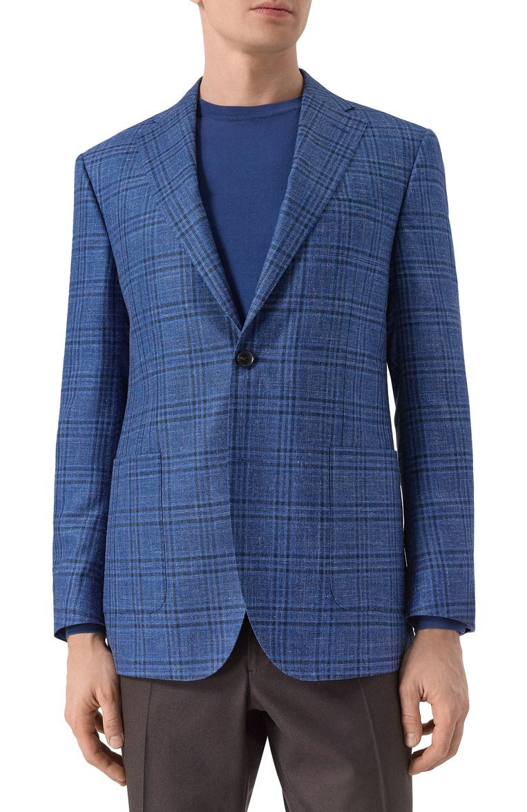 Мужской пиджак из шерсти и шелка CORNELIANI синего цвета, арт. 256018-2516200 | Фото 5 (Материал внешний: Шерсть; Рукава: Длинные; Драгоценные камни: Проставлено; Длина (для топов): Стандартные; Материал сплава: Проставлено; Случай: Повседневный; Пиджаки М: Приталенный; Стили: Кэжуэл; 1-2-бортные: Однобортные)