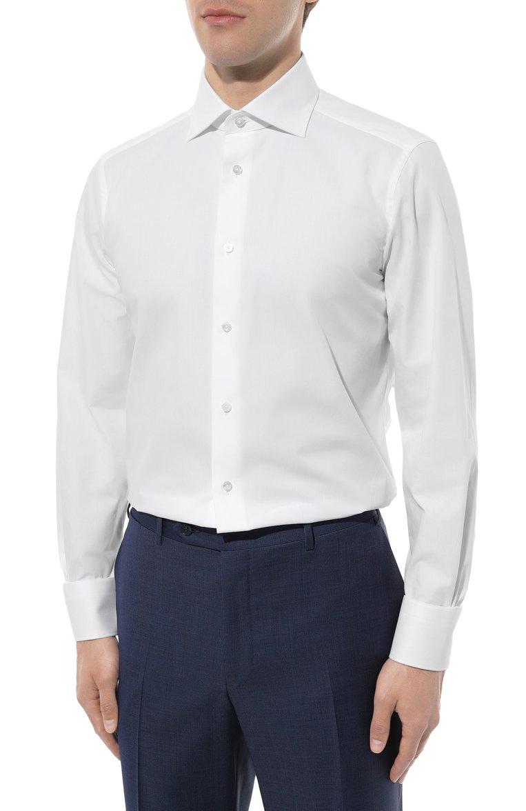 Мужская хлопковая сорочка ZEGNA белого цвета, арт. CT1031/9MS0BA | Фото 3 (Рукава: Длинные; Материал внешний: Хлопок; Длина (для топов): Стандартные; Принт: Однотонные; Стили: Классический; Манжеты: На пуговицах; Случай: Формальный; Воротник: Акула; Автоматизация состава: Проставлено; Детали: Без декора; Автоматизация ТО: Проставлено)