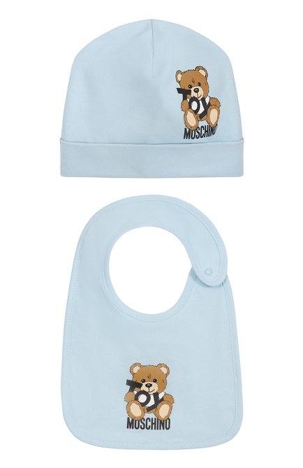 Детский комплект из шапки и нагрудника MOSCHINO голубого цвета, арт. MUY081/LCA19 | Фото 1 (Материал сплава: Проставлено; Материал: Текстиль, Хлопок; Нос: Не проставлено)