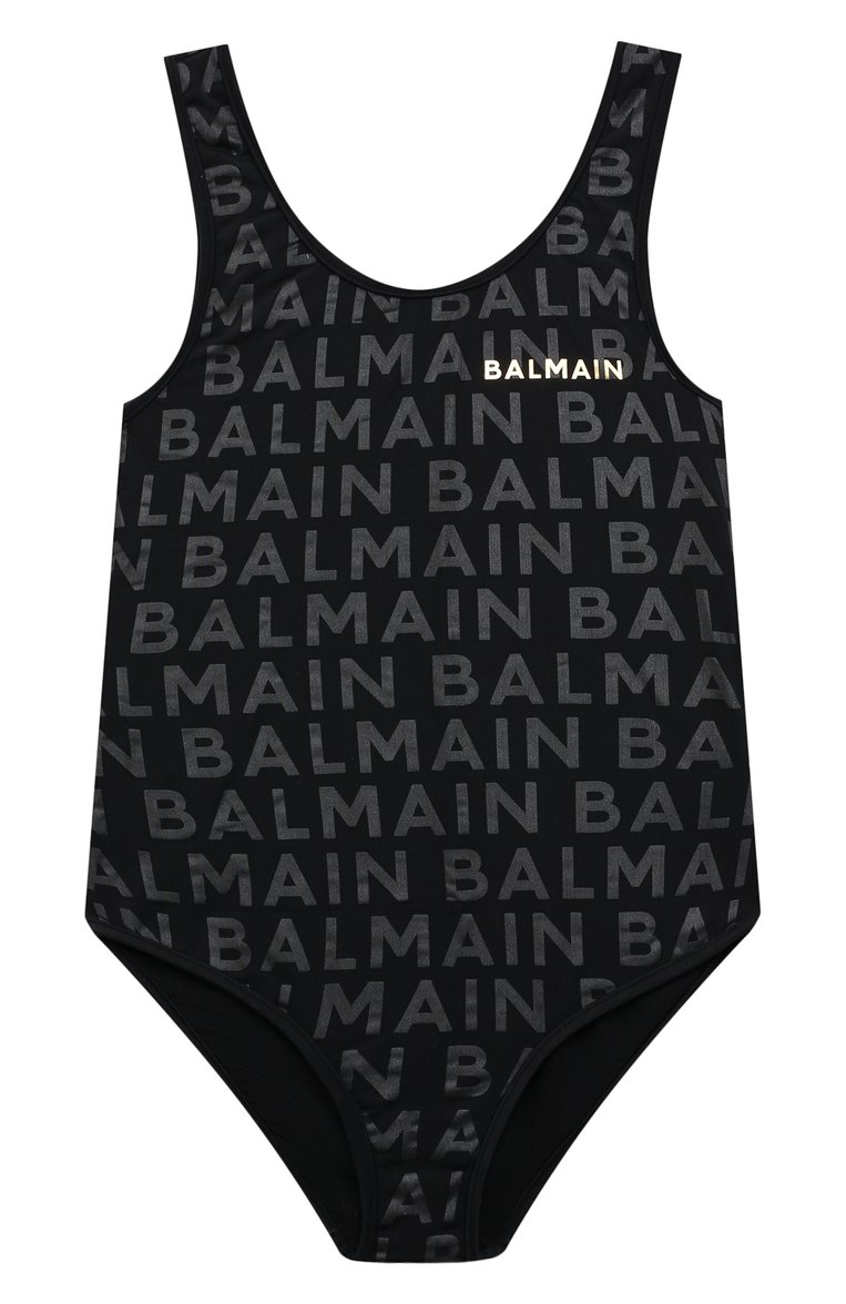 Детского слитный купальник BALMAIN черного цвета, арт. BTCA09 | Фото 1 (Принт: С принтом; Девочки Кросс-КТ: Купальники-пляж; Материал внешний: Синтетический материал; Материал сплава: Проставлено; Нос: Не проставлено; Ростовка одежда: 10 - 11 лет | 140 - 146см, 12 лет | 152 см, 13 - 15 лет | 158 см, 8 лет | 128 см)