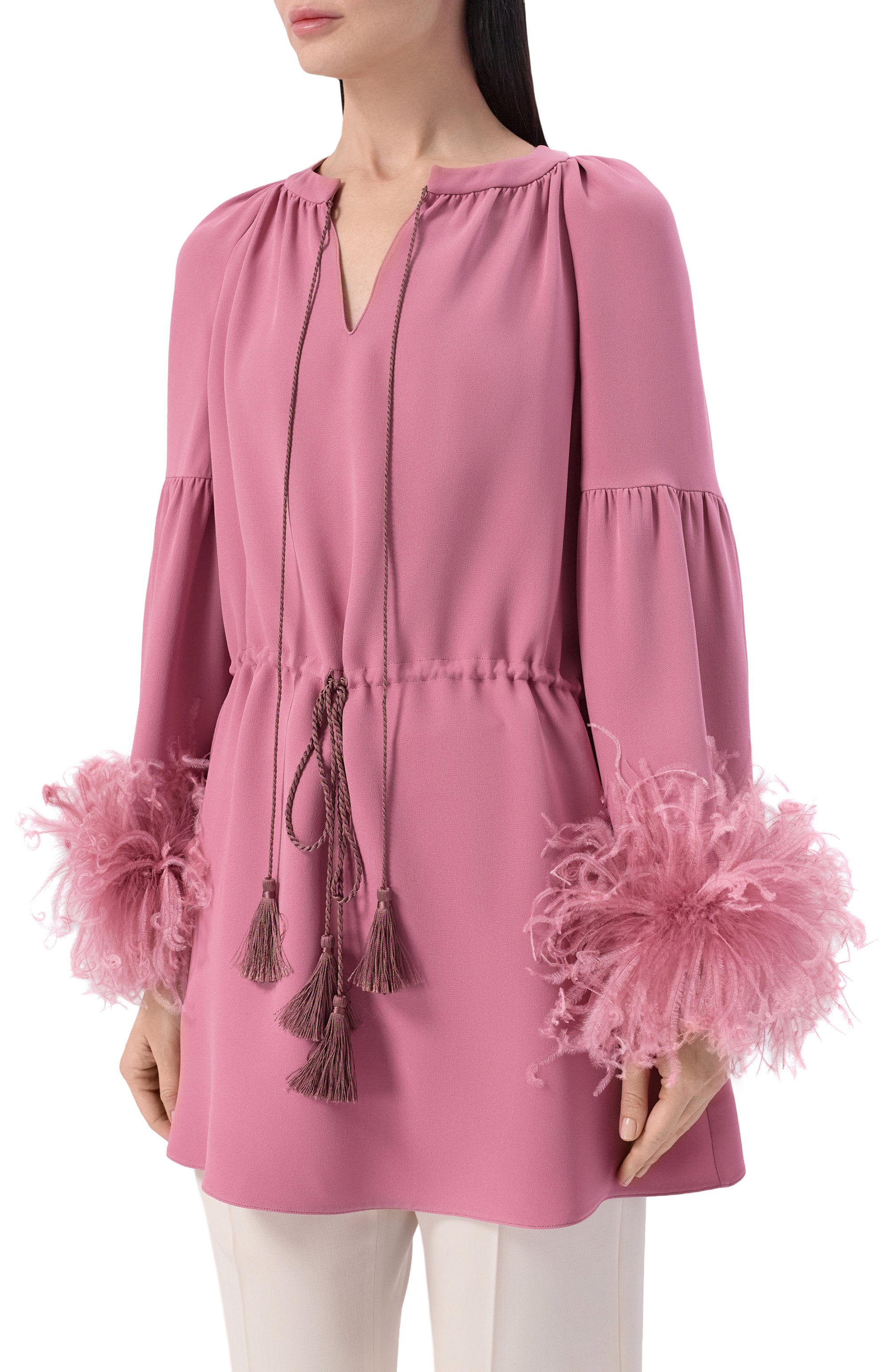 Шелковая блузка с отделкой перьями VALENTINO, арт. 8B3AEBB8/1MM, фото 3