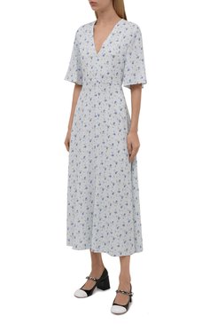 Женское платье из вискозы MIU MIU светло-голубого цвета, арт. MF4438-1Z72-F0M10 | Фото 3 (Материал внешний: Вискоза; Длина Ж (юбки, платья, шорты): Миди; Стили: Романтичный; Случай: Повседневный; Женское Кросс-КТ: Платье-одежда; Рукава: Короткие; Драгоценные камни: Проставлено; Материал сплава: Проставлено)