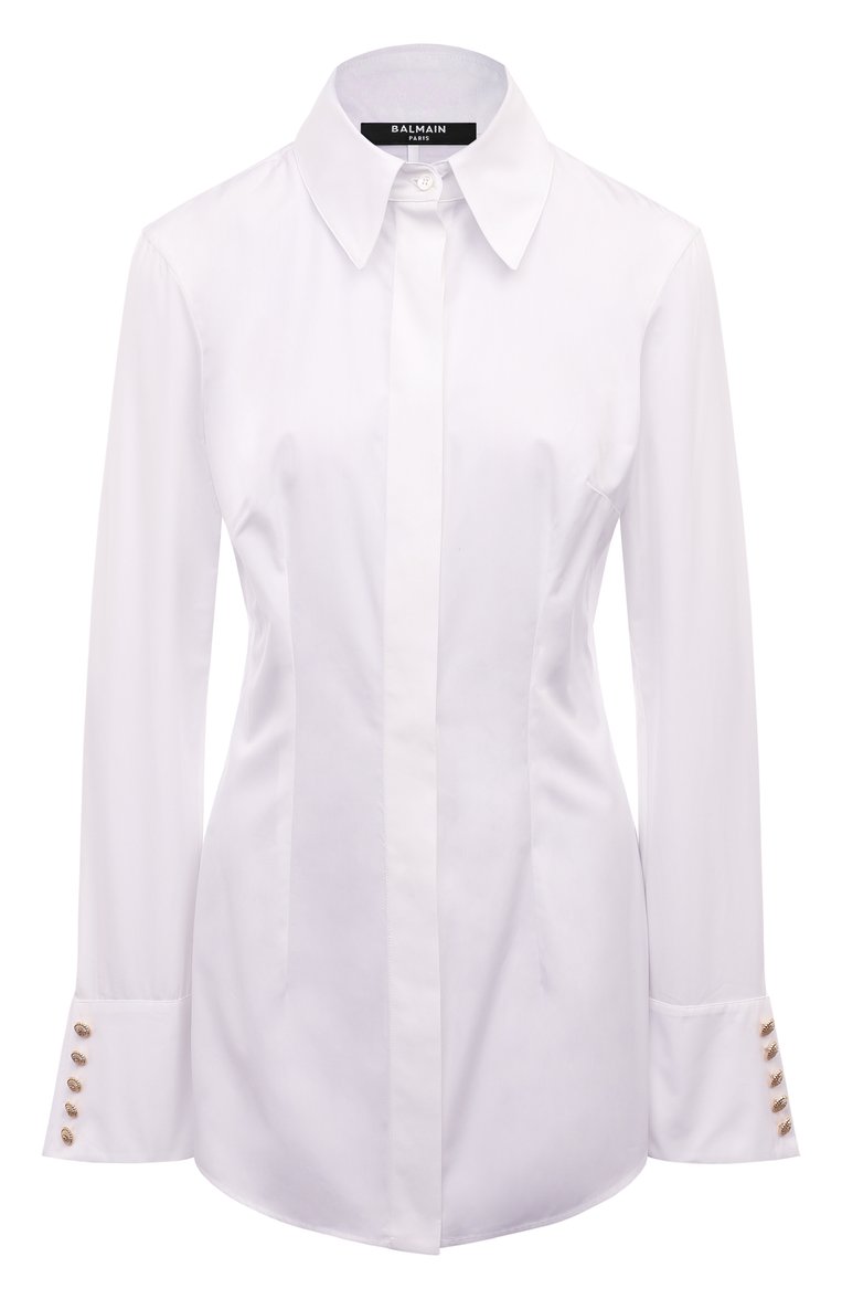 Женская хлопковая рубашка BALMAIN белого цвета, арт. CF0HS355/CE48 | Фото 1 (Длина (для топов): Удлиненные; Рукава: Длинные; Материал внешний: Хлопок; Женское Кросс-КТ: Рубашка-одежда; Принт: Без принта; Стили: Классический; Автоматизация ТО: Проставлено; Автоматизация состава: Проставлено)