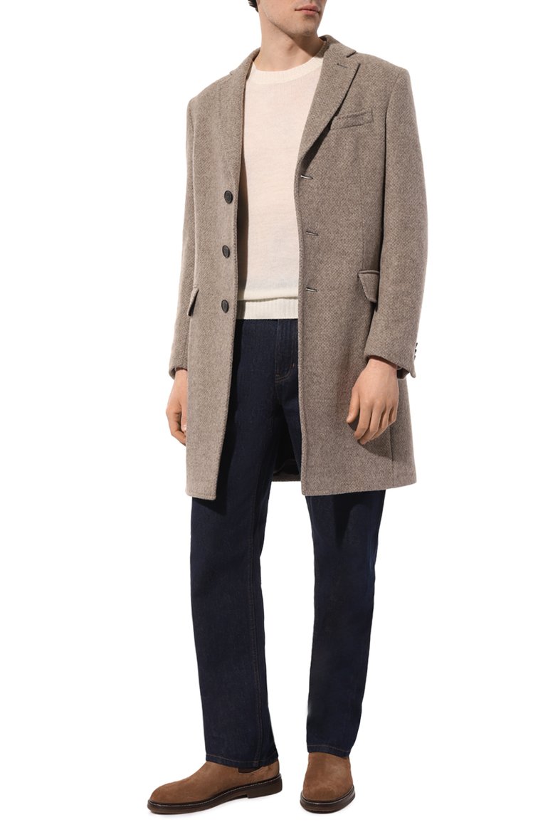 Мужской шерстяное пальто ZEGNA светло-бежевого цвета, арт. 4GJ3G0/689729A6 | Фото 2 (Длина (верхняя одежда): До середины бедра; Драгоценные камни: Проставлено; Материал внешний: Шерсть; Материал сплава: Проставлено; Рукава: Длинные; Стили: Кэжуэл; Мужское Кросс-КТ: пальто-верхняя одежда; 1-2-бортные: Однобортные)