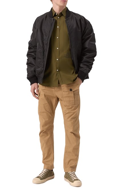 Мужская хлопковая рубашка DSQUARED2 хаки цвета, арт. S74DM0914/S44131 | Фото 2 (Рукава: Длинные; Материал внешний: Хлопок; Драгоценные камни: Проставлено; Материал сплава: Проставлено; Длина (для топов): Стандартные)
