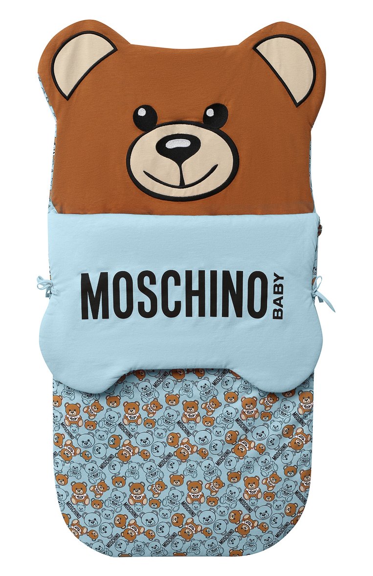 Детский хлопковый конверт MOSCHINO голубого цвета, арт. MUE00C/LDB46 | Фото 1 (Материал: Хлопок, Текстиль; Нос: Не проставлено)