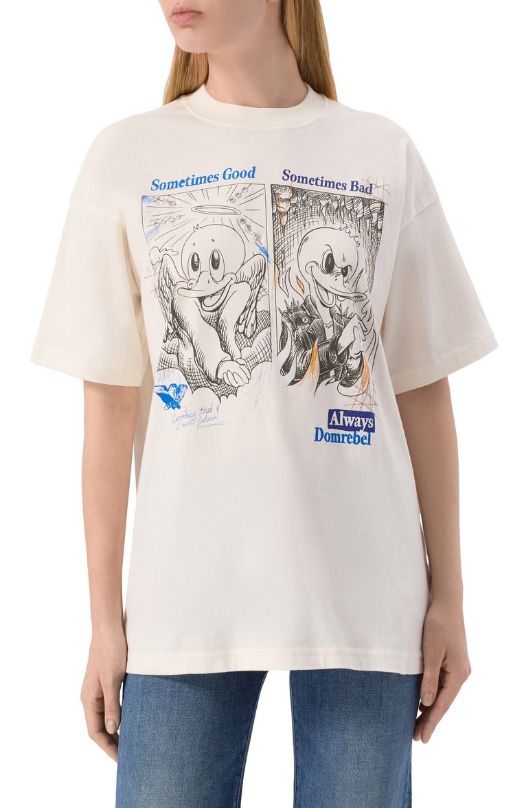 Женская хлопковая футболка DOMREBEL кремового цвета, арт. S0METIMES T-SHIRT SWAR0WSKI | Фото 3 (Длина (для топов): Стандартные; Рукава: Короткие; Материал сплава: Проставлено; Драгоценные камни: Проставлено; Стили: Кэжуэл; Принт: С принтом; Материал внешний: Хлопок)