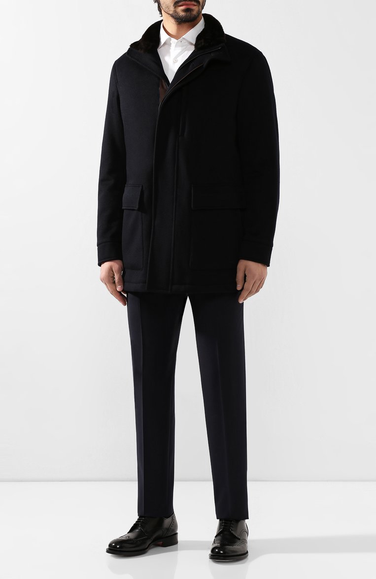Мужской кашемировое пальто с меховой отделкой ZEGNA темно-синего цвета, арт. UTT49/350KN | Фото 2 (Материал утеплителя: Шерсть; Длина (верхняя одежда): Короткие; Статус проверки: Проверена категория; Материал внешний: Ше�рсть, Кашемир; Рукава: Длинные; Мужское Кросс-КТ: Верхняя одежда, пальто-верхняя одежда; Стили: Классический; Застежка: Молния; 1-2-бортные: Однобортные; Автоматизация Diginetica: Не назначено)