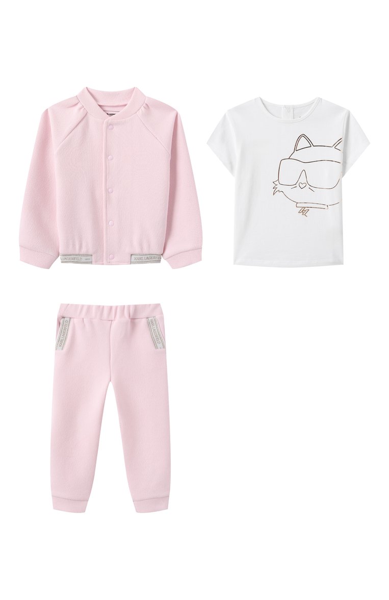 Детская комплект из трех предметов KARL LAGERFELD KIDS светло-розового цвета, арт. Z30521. | Фото 1 (Материал сплава: Проставлено; Материал внешний: Хлопок; Рукава: Длинные; Драгоценные камни: Проставлено; Девочки Кросс-КТ: Костюмы-спорт; Ростовка одежда: 36 мес | 98 см)