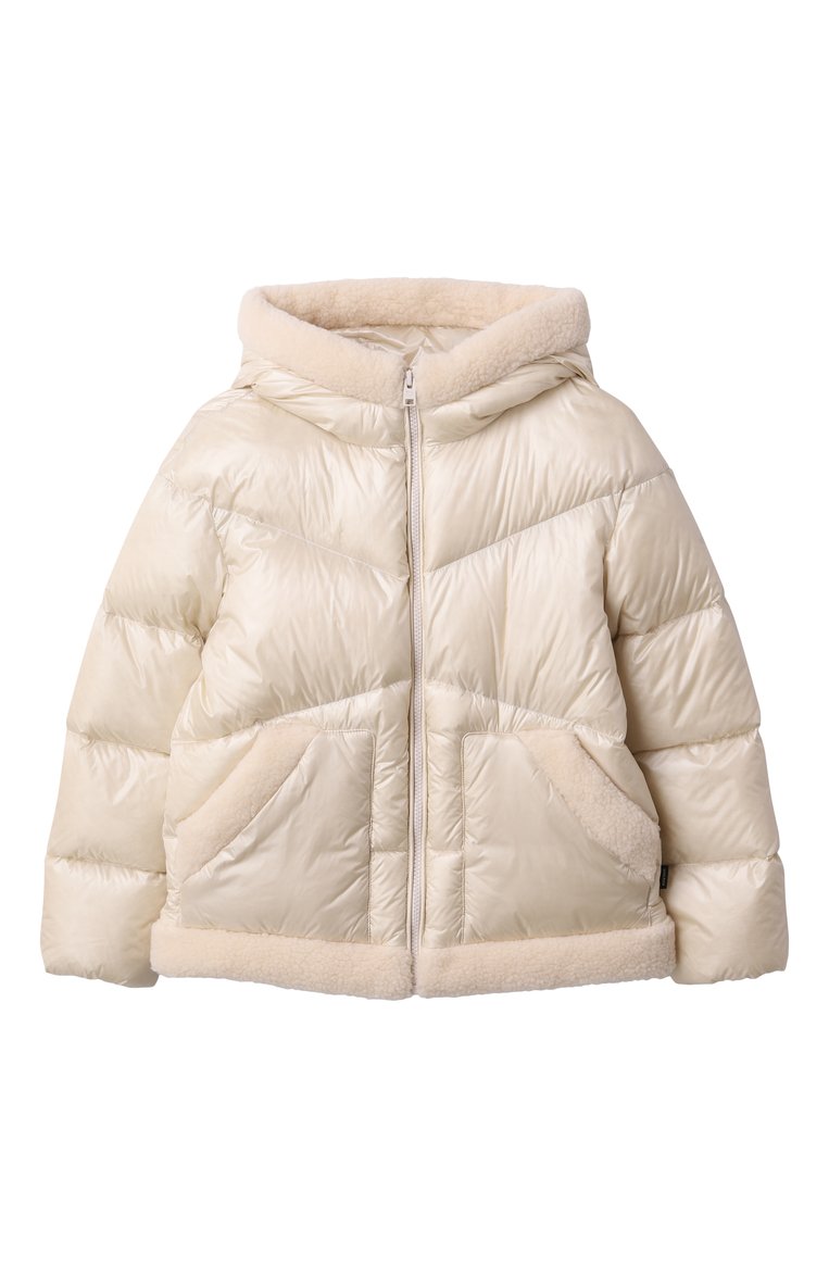 Детская пуховик WOOLRICH кремового цвета, арт. CFWKOU0478FRUT3085 | Фото 1 (Драгоценные камни: Проставлено; Рукава: Длинные; Материал сплава: Проставлено; Материал утеплителя: Пух и перо; Кросс-КТ: Зима; Девочки Кросс-КТ: Пуховик-верхняя одежда; Материал внешний: Синтетический материал; Ростовка одежда: 6 лет | 116 см, 16 лет | 164 см, 10 - 11 лет | 140 - 146см, 12 лет | 152 см, 8 лет | 128 см)