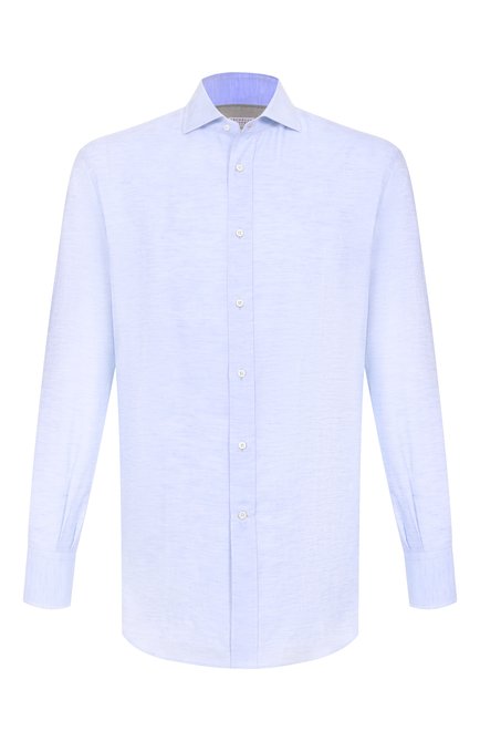 Мужская рубашка из хлопка и льна BRUNELLO CUCINELLI голубого цвета, арт. MR6250028 | Фото 1 (Драгоценные камни: Проставлено; Длина (для топов): Стандартные; Рукава: Длинные; Материал внешний: Лен, Хлопок; Материал сплава: Проставлено)